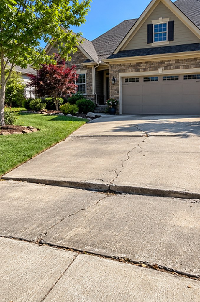 Cracked, sunken driveway slab before leveling