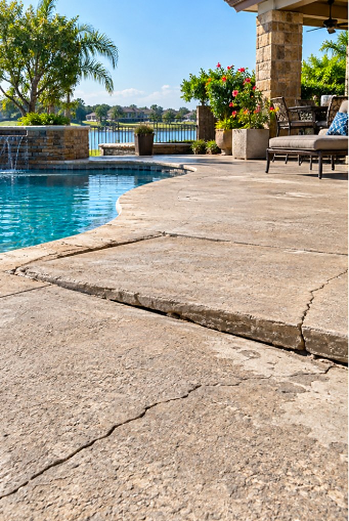 Settled, cracked pool deck before leveling