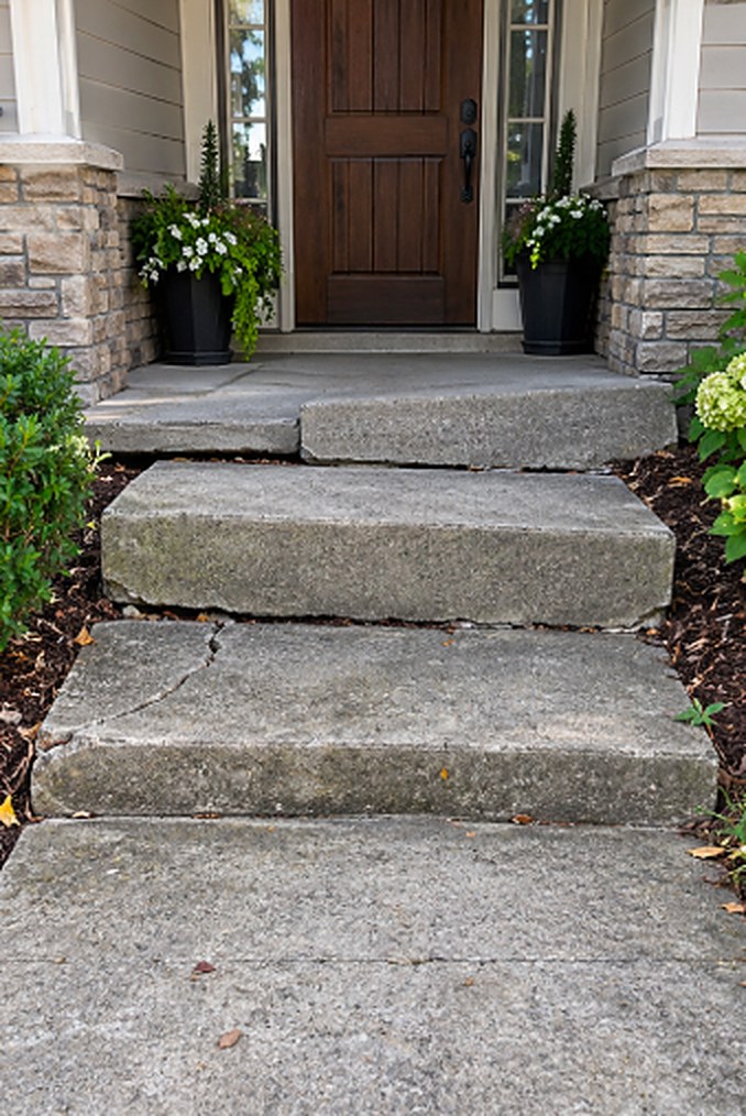 Sunken, cracked front entry steps before leveling