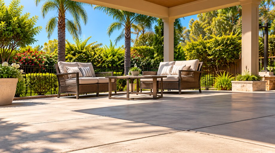 Level backyard concrete patio with furniture