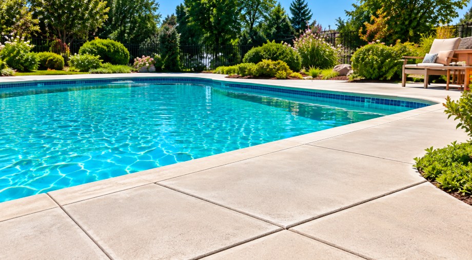 Level pool deck surrounding a backyard pool