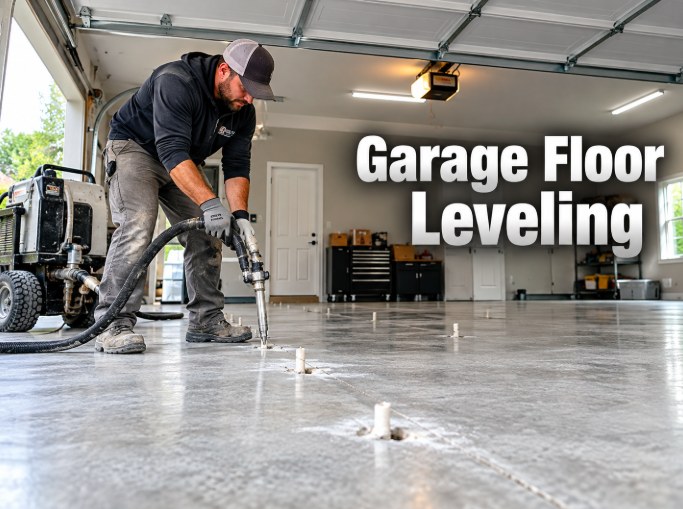 Garage Floor Leveling technician injecting leveling material in Santa Clarita, CA